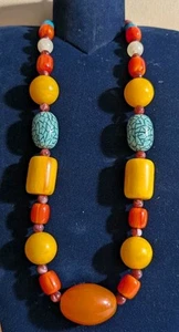 Vintage Large Plastic Beaded Chunky Egg Yolk Necklace TURQUOISE Red 90s CUTE! - Picture 1 of 7