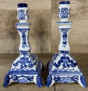 Vintage Porcelain Delft Style Blue White Floral Candlestick Pair 8” - Picture 1 of 10