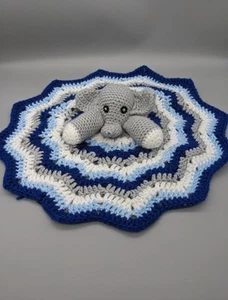 Elephant Plush Handmade Crocheted Lovey| Security Blanket Grey, White & Blue 16" - Picture 1 of 4