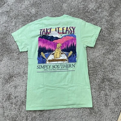 Simply Southern Shirt Womens Small Green Take It Easy Dog Boat Graphic Tee — 第 1/4 张图片
