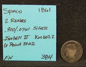 1861 Spain 2 Reals Silver Coin KM 607.2 Isabel II 6 Point Star .900/.0761 Fine - Picture 1 of 3