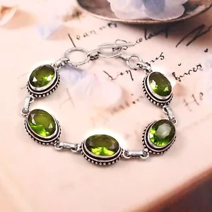 925 Sterling Silver Green Peridot Gemstone Handmade Jewelry Chain Bracelet - Picture 1 of 3