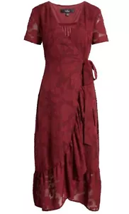 Lulus Blissfully Burgundy Jacquard Short Sleeve Wrap Midi Dress Size Small - Picture 1 of 9