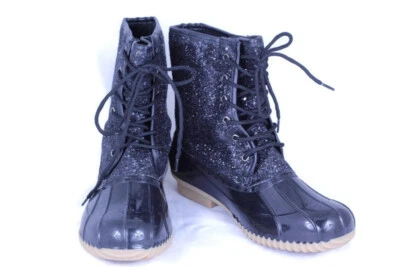 Botas de moda Sugar para mujer patrón negras de goma brillo con cordones talla 9 M Foto 1 de 4