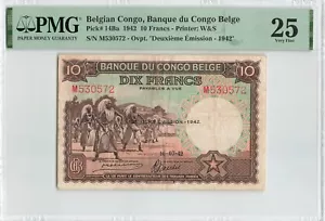 BELGIAN CONGO 10 Francs 1942, P-14Ba, PMG 25 VF, Original Paper Good Colors - Picture 1 of 2