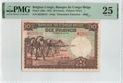 BELGIAN CONGO 10 Francs 1942, P-14Ba, PMG 25 VF, Original Paper Good Colors - Image 1 of 2
