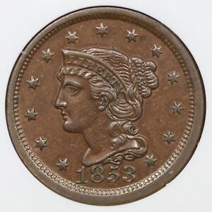1853 N-23 R-4 NGC MS 61 BN Braided Hair Large Cent Coin 1c Ex; Reiver