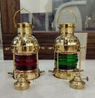Set of 2 Pcs Nautical Antique Brass Finish Red &amp; Green Oil Lantern Ship Oil Lamp