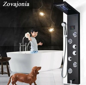 Bathroom LED Shower Panel System Rain&Waterfall Shower Head Massag Jet Tap Black - Picture 1 of 7