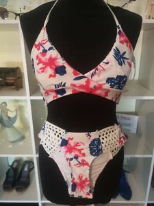 Neckholder Wickel Bikini gr S 34 36 weiß pink blau - Bild 1 von 6