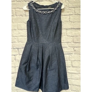 Tahari Navy & Silver Grey Fit & Flare Formal Short Sleeveless Dress Beaded SZ 4 - Picture 1 of 4