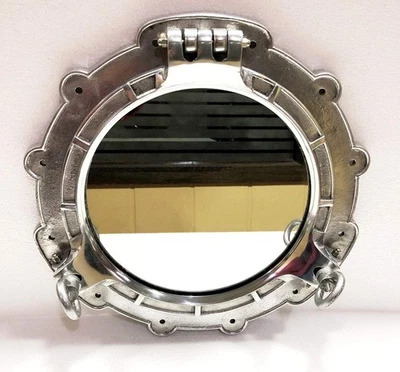 15" Nickel Plated Canal Boat Porthole-Window Ship Round Mirror Wall Decorative - Image 1 of 4
