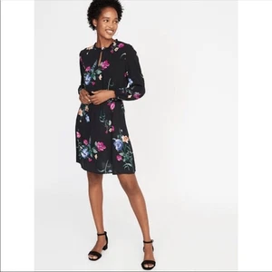 Vestido OLD NAVY Manga Larga Estampado Floral Hasta la Rodilla Cuello en V Negro Rosa Grande L - Imagen 1 de 5