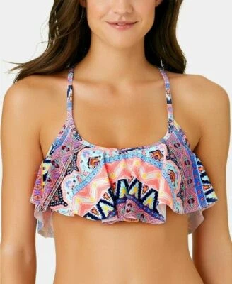 California Waves- Far Away Vacay Printed Strappy Bikini Top, Multi-color, L, NWT - Image 1 of 2