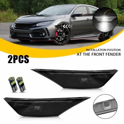 2PC For 2016-2021 Honda Civic Front LED Side Bumper Marker Smoked White LED EOA - Image 1 of 4