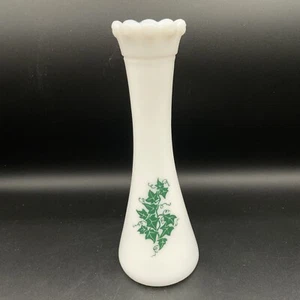Vintage Milk Glass Vase with Green Ivy Design - Bud Vase - Picture 1 of 7
