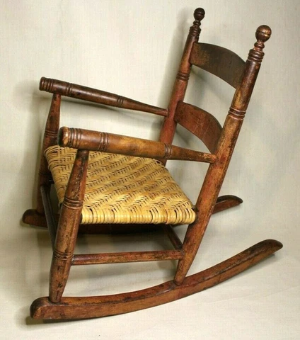 Antique Child Doll Rocking Chair Wicker Cane Seat Worn Red Paint 20" high Cover