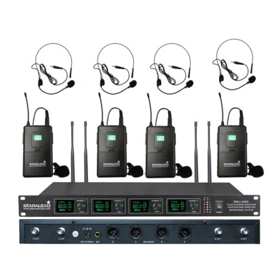 4CH UHF Lapel Headset Wireless Microphone System 4 Lavalier Bodypacks Audio Mic - Image 1 of 4