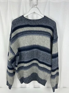 Suéter de Lana Vintage Grande Pullover Cuello Redondo Azul Gris Rayas Preswick Moore L - Imagen 1 de 3