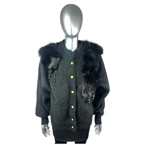 Black ANGORA Sweater w/Black FOX Trim, Sz M, w/Storage Bag - Picture 1 of 10
