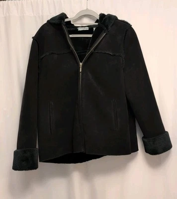 valerie stevens Petite Large Black Coat hood Soft Feel Korea Made fuzzy sleeves - Image 1 of 4