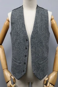HARRIS TWEED Gray Harringbone Wool Vest Gilet Mens Sz S - Picture 1 of 19