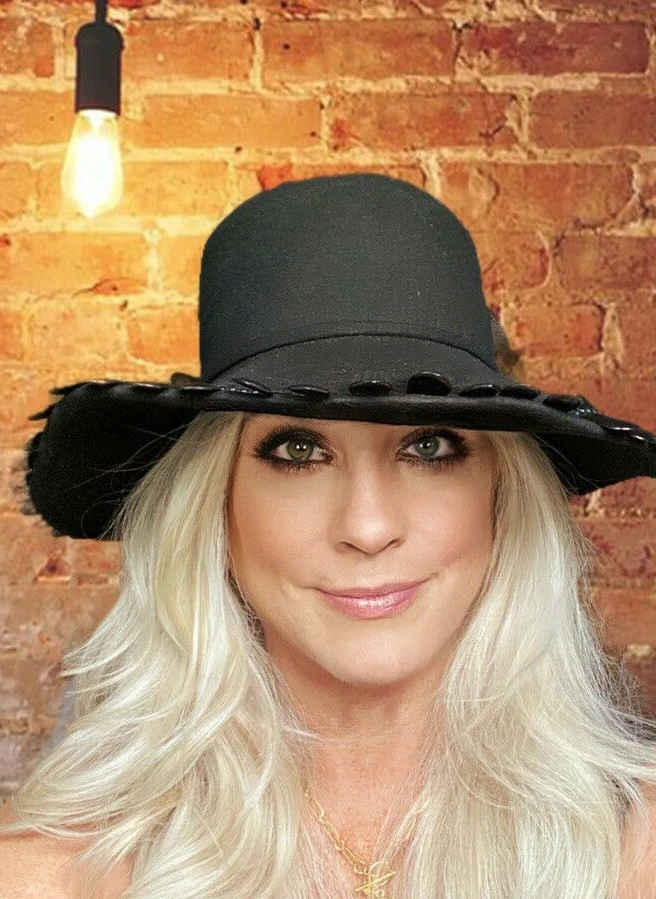 VTG Coralie Ladies Black Felt Wide Brim Hat  w Bow Church Derby 14" M/L Head - Image 1 of 4