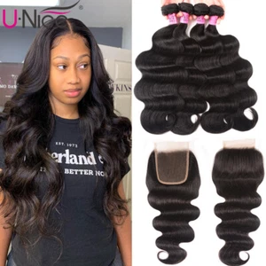 UNice Cambodian Body Wave Human Hair Extensions 4 Bundles With Lace Closure Wavy - Picture 1 of 12