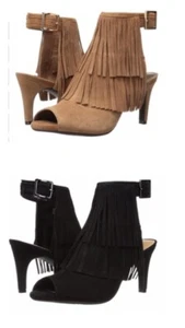 Aerosoles FRINGE Sandal SUEDE Peep Toe HEELS Black or Tan 7M Hippie BOHO Cowgirl - Picture 1 of 12