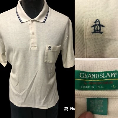Camisa Polo 50/50 De Colección Años 80 Munsingwear Grand Slam EE. UU. Hombres Blanco Tejido Logo de Pingüino Foto 1 de 4