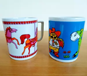Vintage Ceramic Childrens Mugs 2 Cowboy Horse Carousel Japan Japanese Retro Kids - Picture 1 of 11