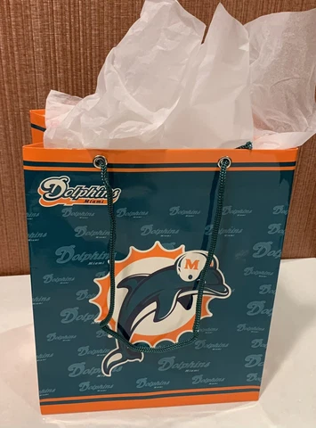 Miami Dolphins NFL  7 3/4 Inch X 9 3/4 Inch Glossy Gift Bag W/ White Gift Paper! Cover
