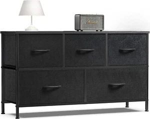 Black 5 Drawers Dresser for Bedroom Wood Top Organizer Fabric Storage Drawers - Picture 1 of 9