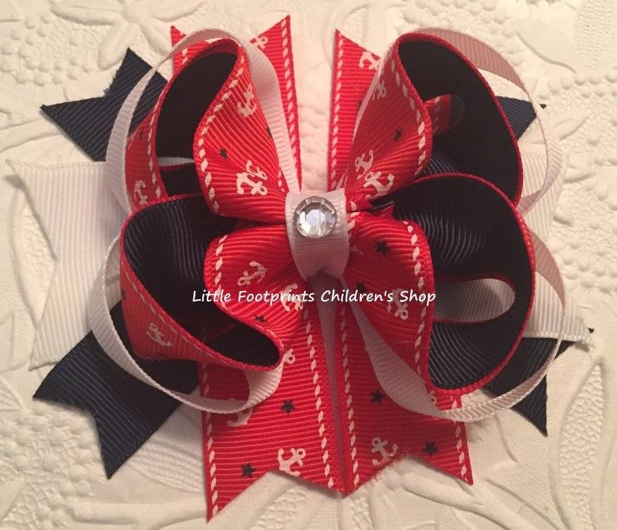 Red White Navy Nautical Anchor Jeweled Hair Bow 4" - Image 1 of 1