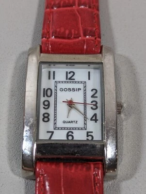 Gossip White Pearlized Dial Silver Tone Rectangle Case Red Leather Band Watch - Image 1 of 4