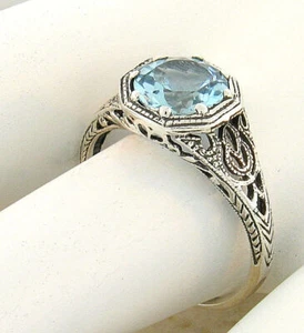 ART DECO STYLE GENUINE SKY BLUE TOPAZ 925 STERLING SILVER FILIGREE RING     882X - Picture 1 of 11