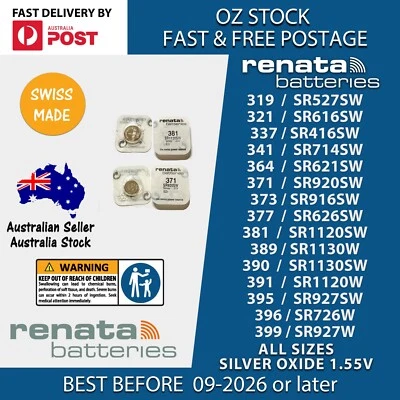 RENATA Watch Battery All Size 319, 321, 341, 364, 371, 377, 381, 390, SWISS MADE - image 1 of 2
