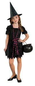 Mädchen klassisches Hexenkostüm schwarzes Kleid mit rosa Borte Hut Kind Medium 8 10 Rubine - Bild 1 von 3