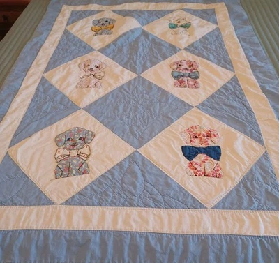 Vintage Appliqued & Embroidered Puppies With Bows Crib Quilt (40" x 56") - Image 1 of 4