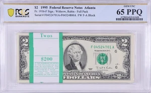 BEP PACK $2 1995  FRN ATLANTA, 100 CONSECUTIVE NOTES, FR. 1936-F, GEM UNC 65 PPQ - Picture 1 of 3