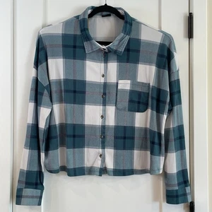 Rue21+ Womens Shirt 2X Oversized Plaid Crop STRETCH Cowboy COUNTRY  Teal Cream - Picture 1 of 7