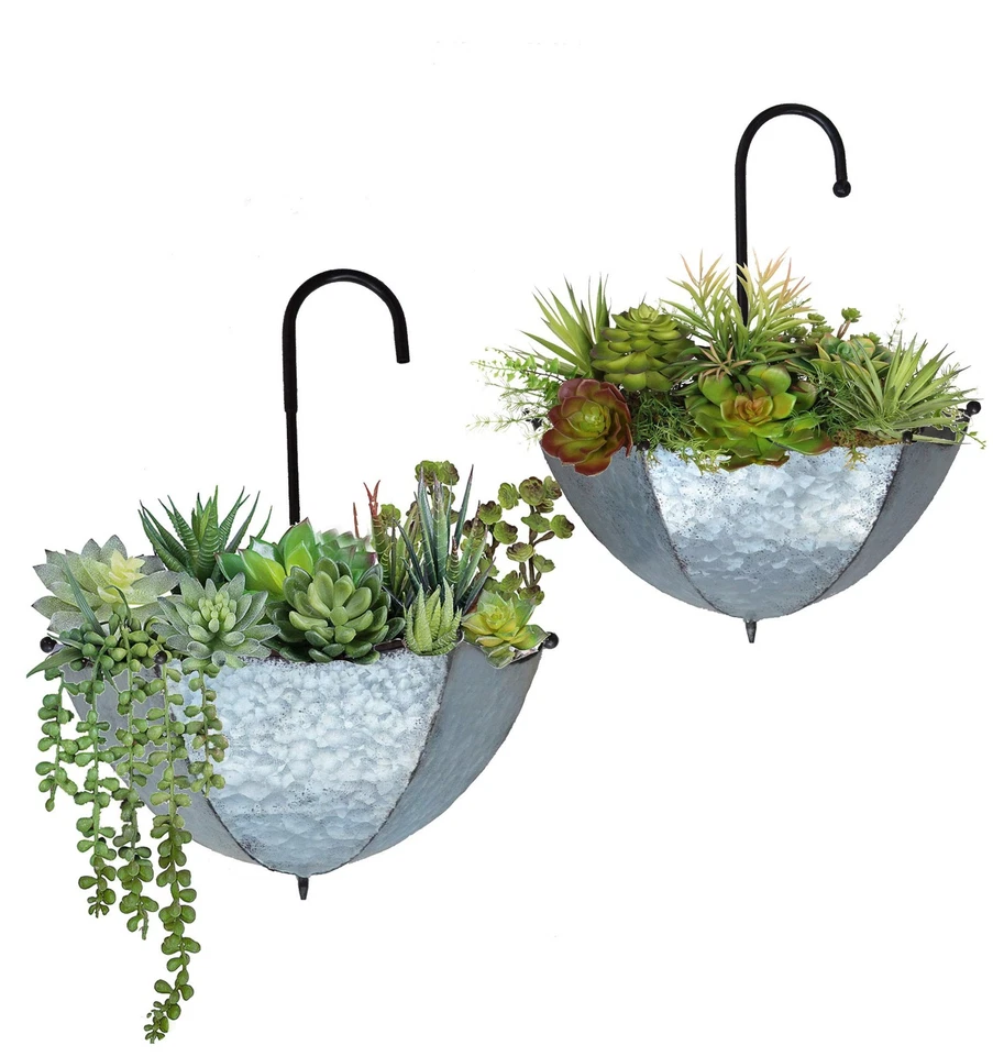 Giftme 5 Set of 2 Galvanized Metal Umbrella Hanging Wall Planter Flower Holde...