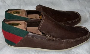 Gucci Brown Leather Slip On Loafers W Green & Red Ribbon Heel Size 12 Preowned - Picture 1 of 14