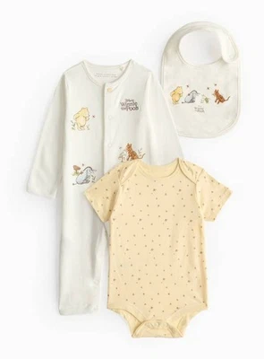 Disney Winnie The Pooh 3 Piece Set Cotton Romper Bodysuit Bib 3-6 Months NEW - Image 1 of 2