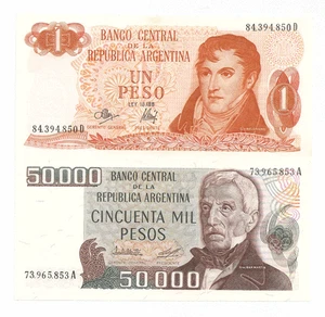 2 Central Bank of Argentina Bank Note ~ Uncirculated 1 Pesos and 50,000 Pesos - Picture 1 of 2