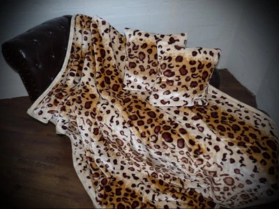 3tlg. Set Kuscheldecke Tagesdecke Leopard Look 160x200cm + 2 Kissen 40x40cm - Bild 1 von 3