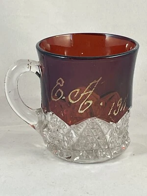 Antique Ruby Red Flash Glass Mug 1911 - Image 1 of 4