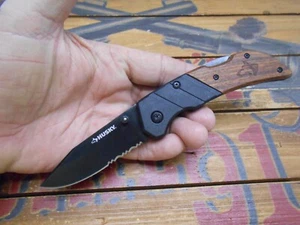 Husky Pocket Knife Lockback Combo Edge Blade Wood Handle - Picture 1 of 6