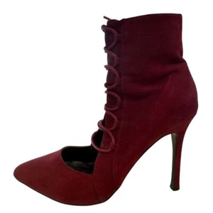 Burgundy Suede Lace-Up Ankle Boots Pointed Toe Stiletto Heels SZ 6 1/2 - Picture 1 of 6
