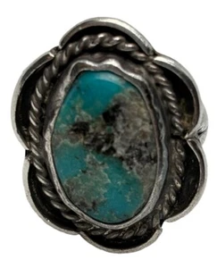 Vintage Old Pawn Native Navaho Sterling Silver Rope Design Turquoise Ring 7.5 - Picture 1 of 5